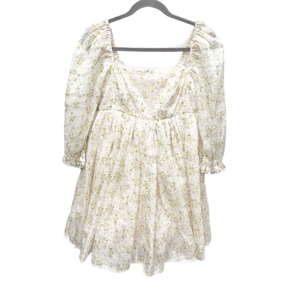 Mable Floral Embroidered Puff Sleeve Milkmaid Babydoll Dress Size Small Cottage